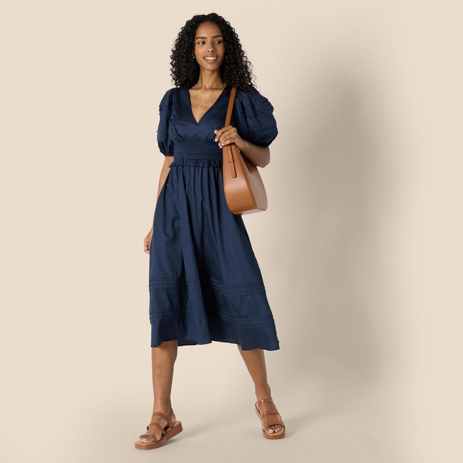 Charlotte Midikleid für Damen – Elegantes Kleid mit Puffärmeln und V-Ausschnitt