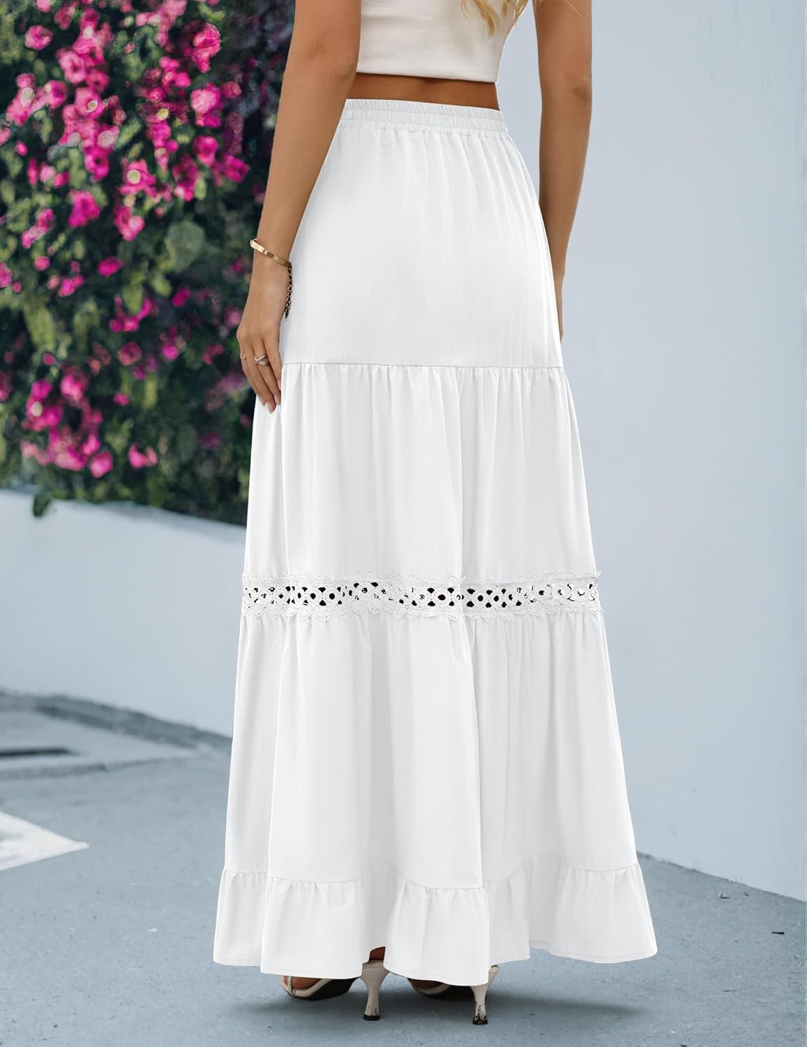 Edith Jupe Maxi Damen – Boho-Rock aus Baumwolle, Häkelspitze & Volants