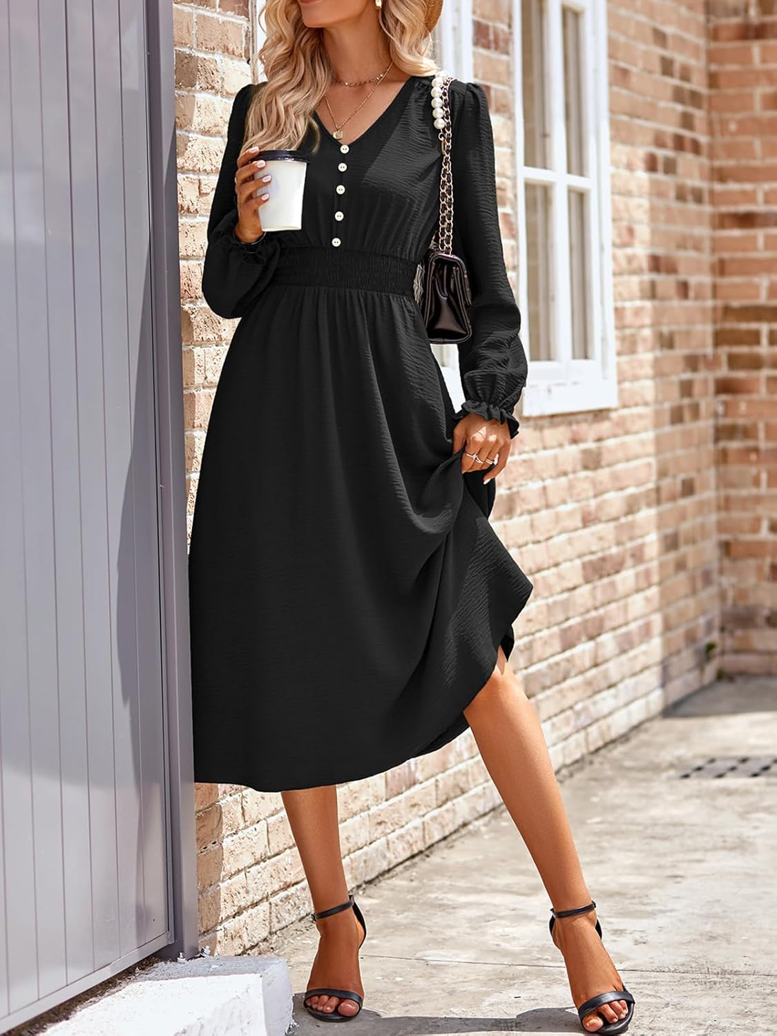 Vestido Emma para mujer midi – vestido elegante con cuello en V, mangas largas, talle alto y corte en línea A