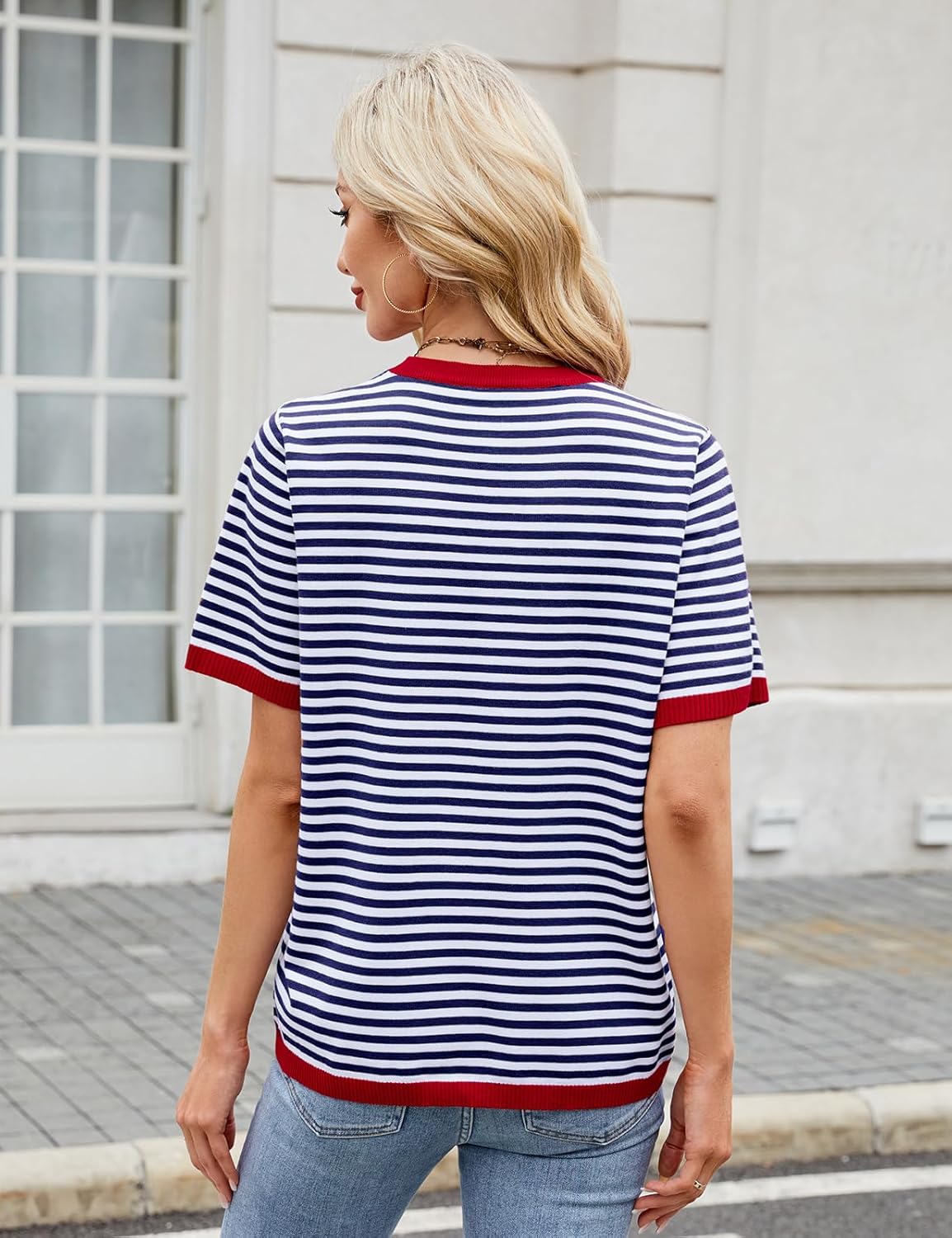 T-shirt Sofia Γυναικείο Καλοκαίρι – Ριγέ άνετο τοπ με στρογγυλή λαιμόκοψη, κοντά μανίκια, ελαφρύ ύφασμα