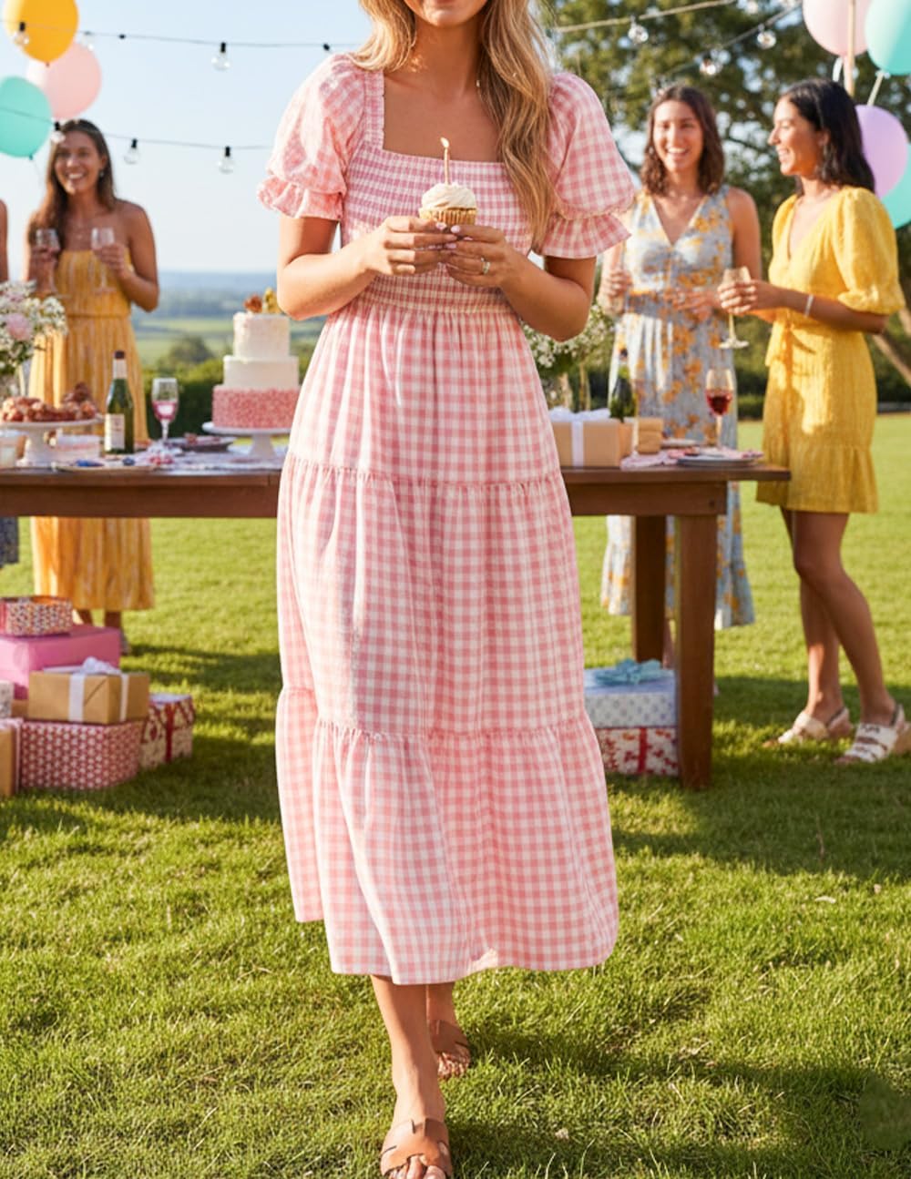 Vestido Boémio Sophie para Mulher – Vestido Midi com Decote Quadrado e Mangas Bufantes, Verão Elegante
