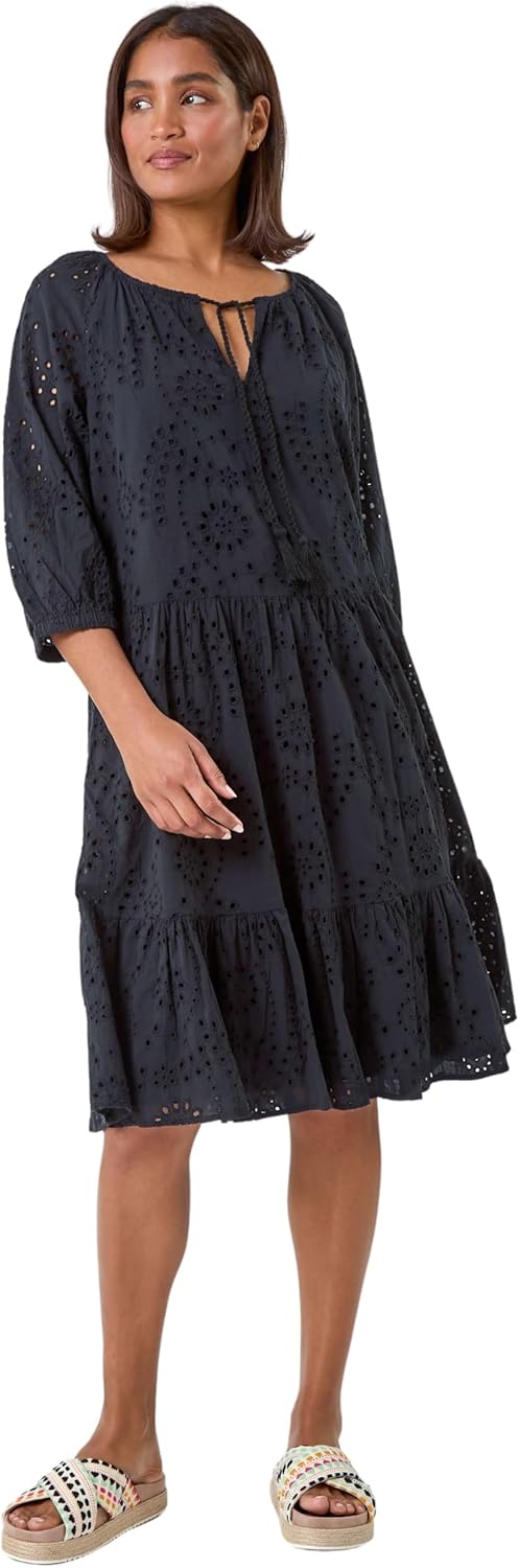 Sukienka Lina Midi Damska – Sukienka z Haftem, Falbankami, Dekoltem w Serek, Bawełniana, Letnia, Elegancka