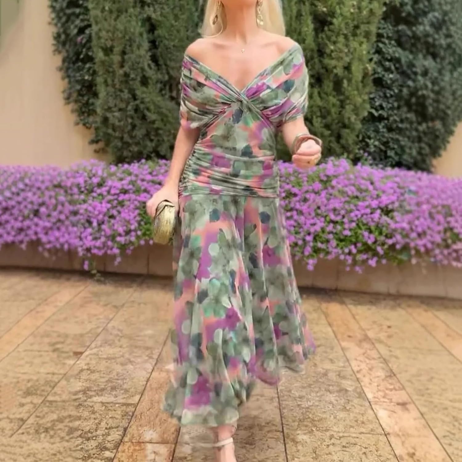 Rochie Olivia pentru femei – Rochie cocktail cu flori, umeri goi, talie înaltă, elegantă