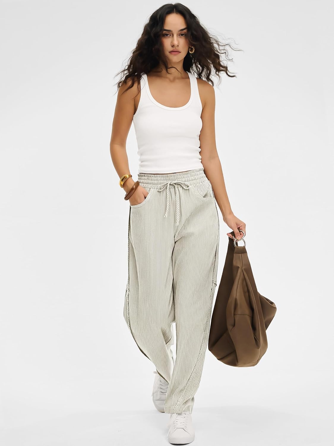 Calças Kim Mulher Risca de Giz Barril – Corte Largo, Cintura Elástica, Estilo Casual
