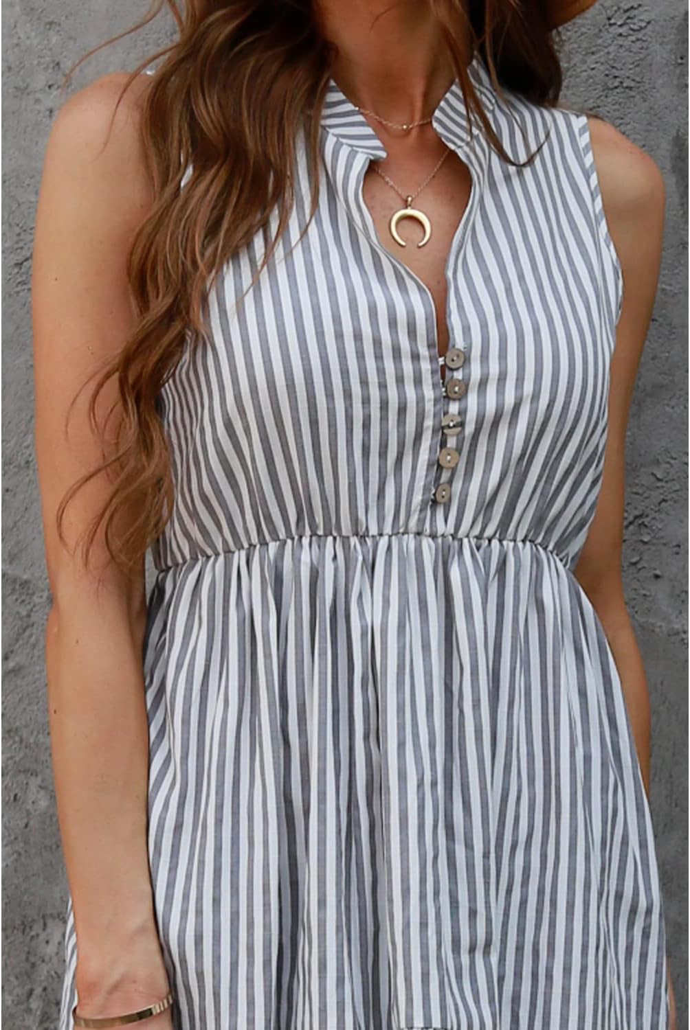 Claire Vestido Camisón Midi Mujer – Vestido a Rayas Sin Mangas Cuello en V con Botones Elegante