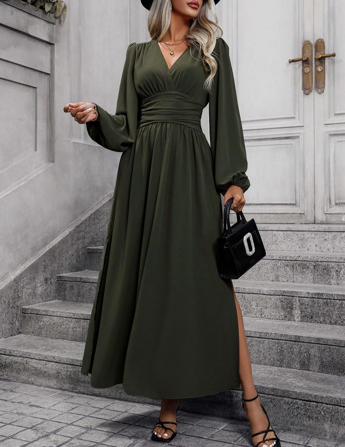 Éliana Damen Maxikleid – Elegantes Kleid mit V-Ausschnitt, hoher Taille und Laternenärmeln