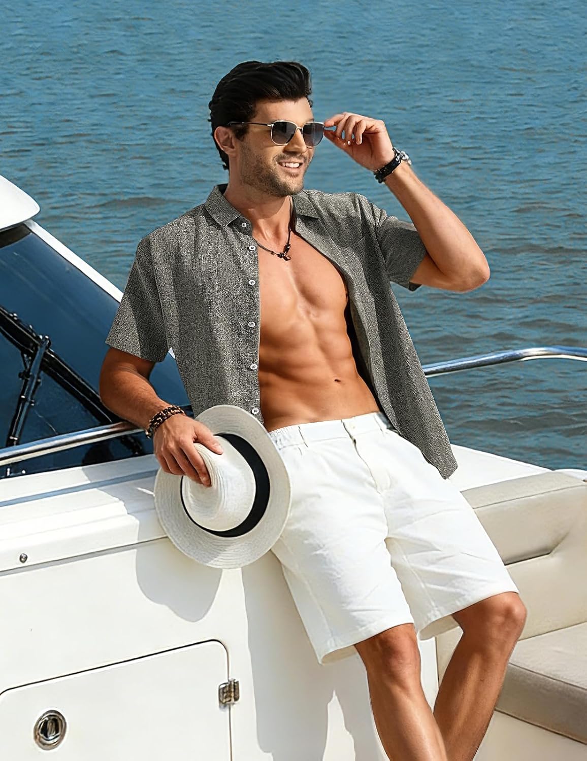 Eulo Camisa Homem – Camisa de Linho de Verão Respirável, Mangas Curtas e Bolso
