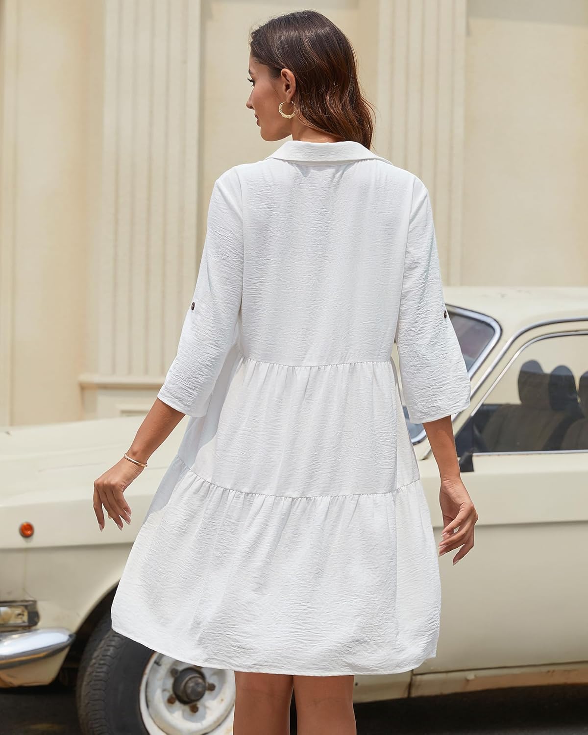Léa Women's Shirt Dress – A-Line Dress with Ruffles, Buttoned, 3/4 Sleeves, Summer