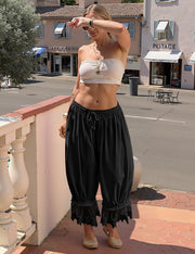 Tyra Pantalon Damă Vintage – Bloomer din In cu Dantelă, Croială Largă cu Volane, Vară Șic