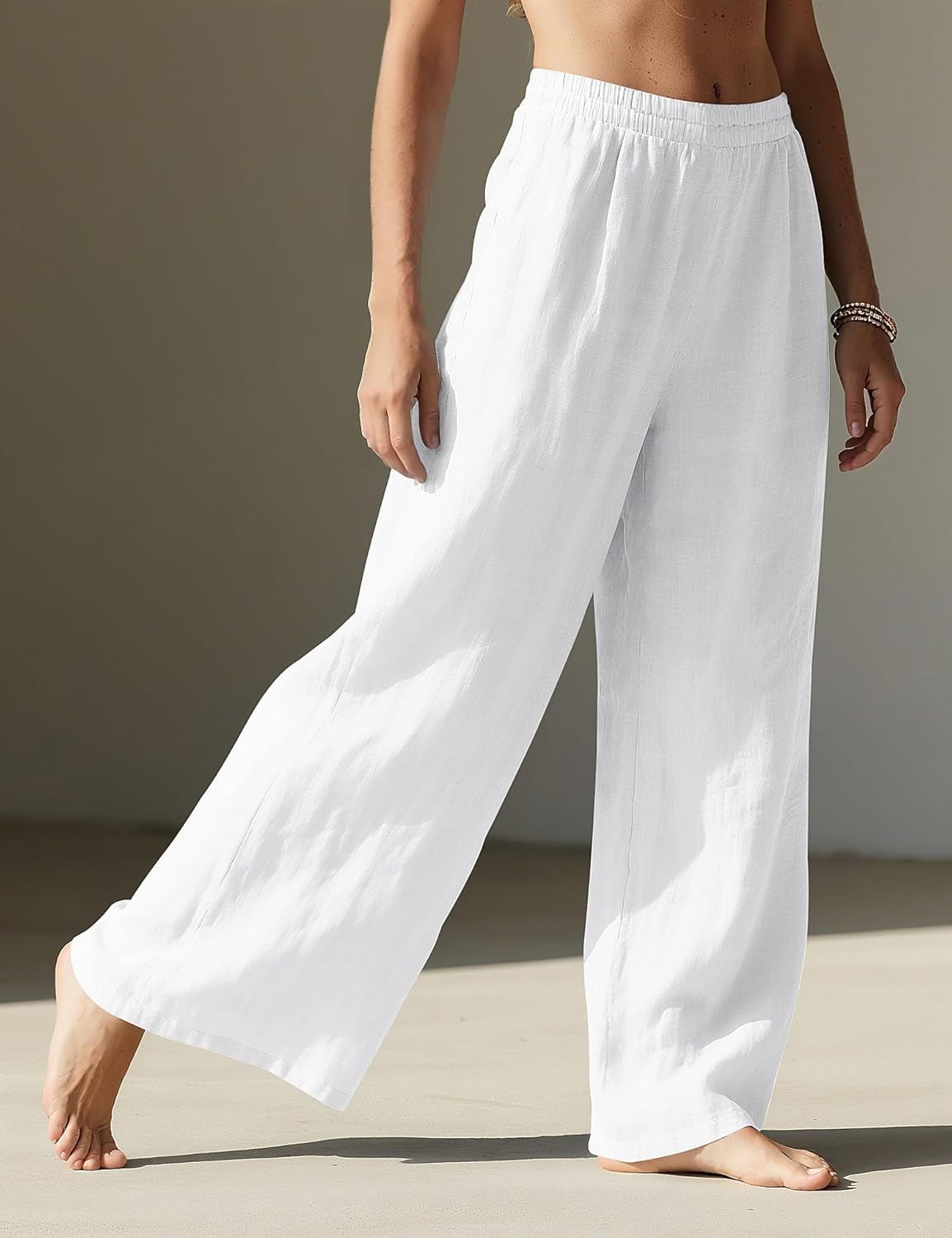 Linda Women's Pants – Linen Palazzo Pants with Elastic Waist & Pockets Summer