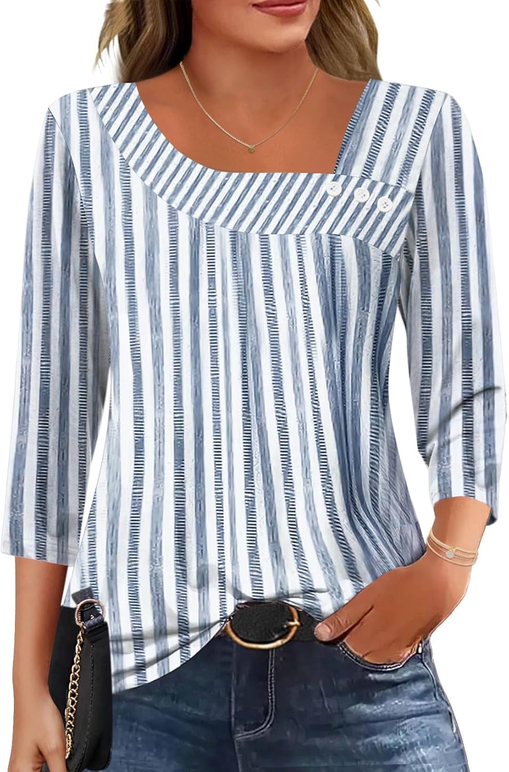 Lumina blouse dames – asymmetrische kraag, driekwart mouwen, elegante ruime pasvorm