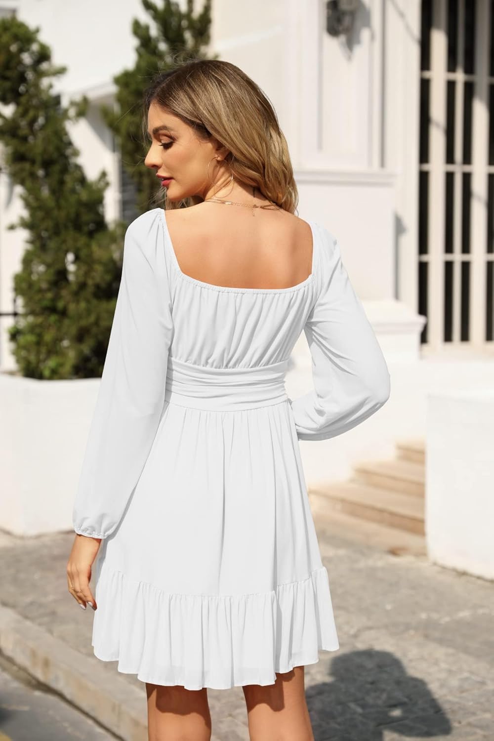 Bata Lina Mujer Mini – Cuello Cuadrado/Hombros Descubiertos, Mangas Abullonadas, Cintura Alta