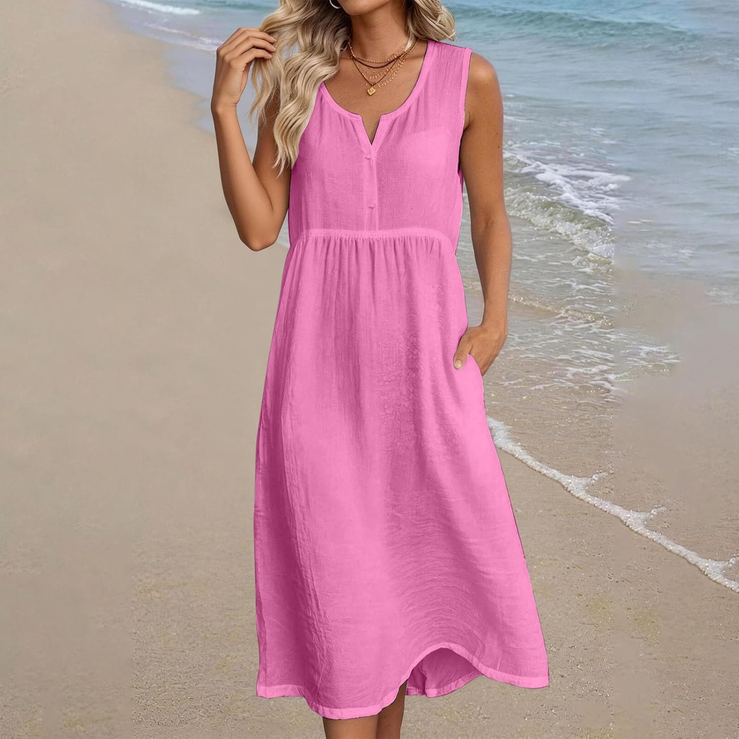 Anna Kleid Damen – Midi-Leinenkleid mit V-Ausschnitt, ärmellos, Taschen, fließender Schnitt, Sommer