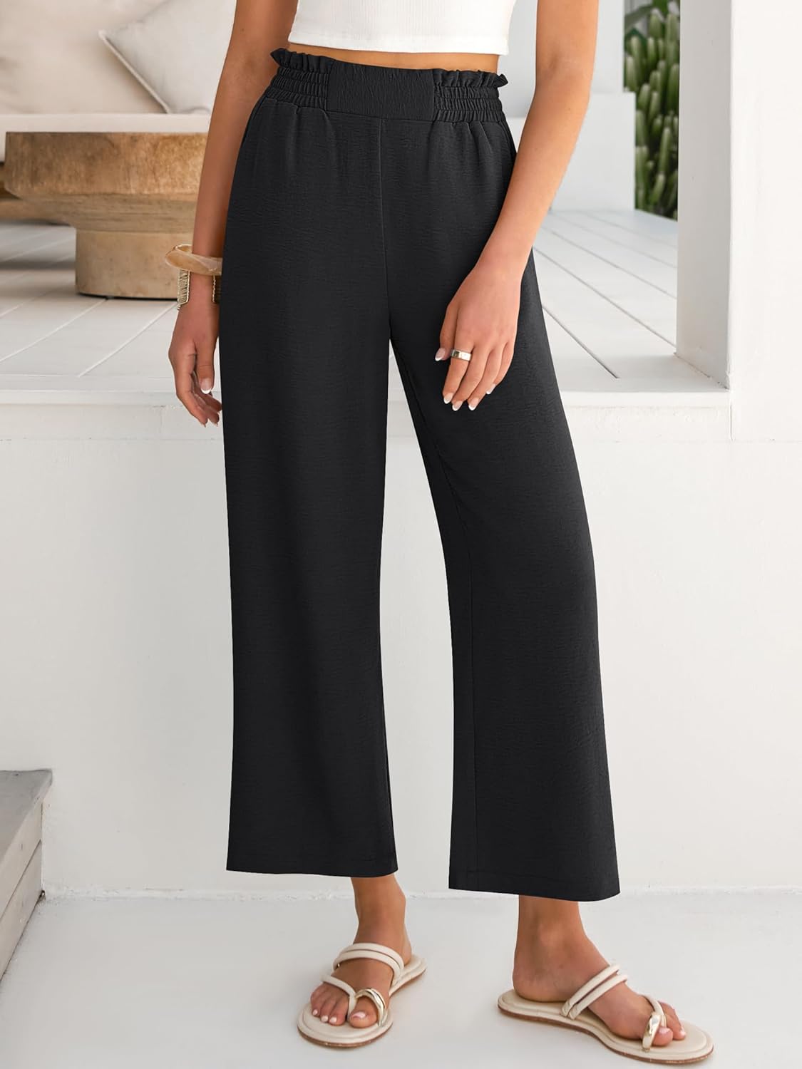 Eva Pantalon Femme – Pantalon Palazzo Court Taille Haute & Poches Été