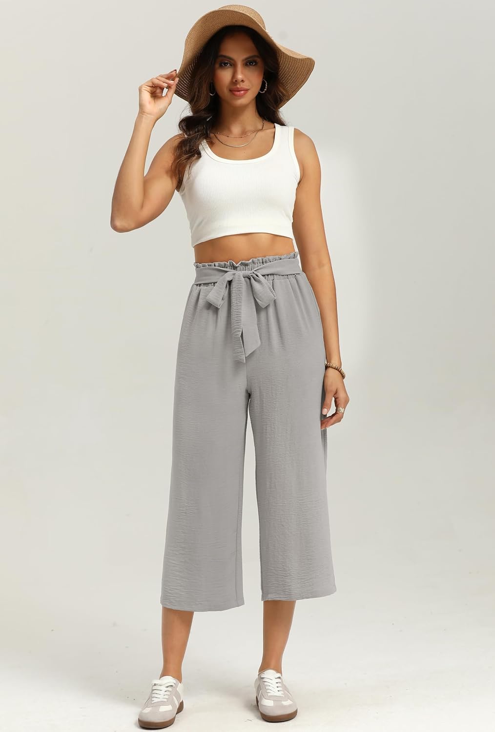 Juliette Pantalon 7/8 Femme – Pantalon Large Fluide Taille Élastique avec Ceinture