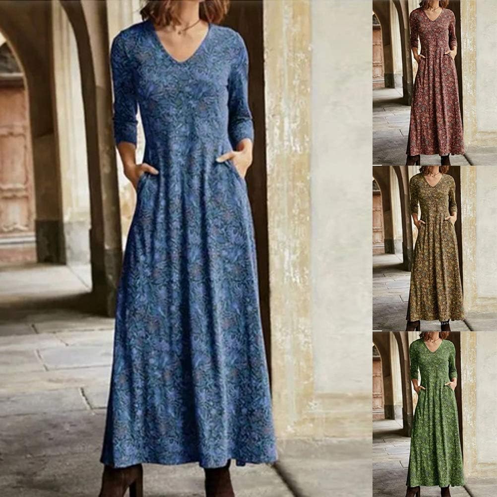 Camille vestido largo para mujer – vestido bohemio floral con escote en V y bolsillos