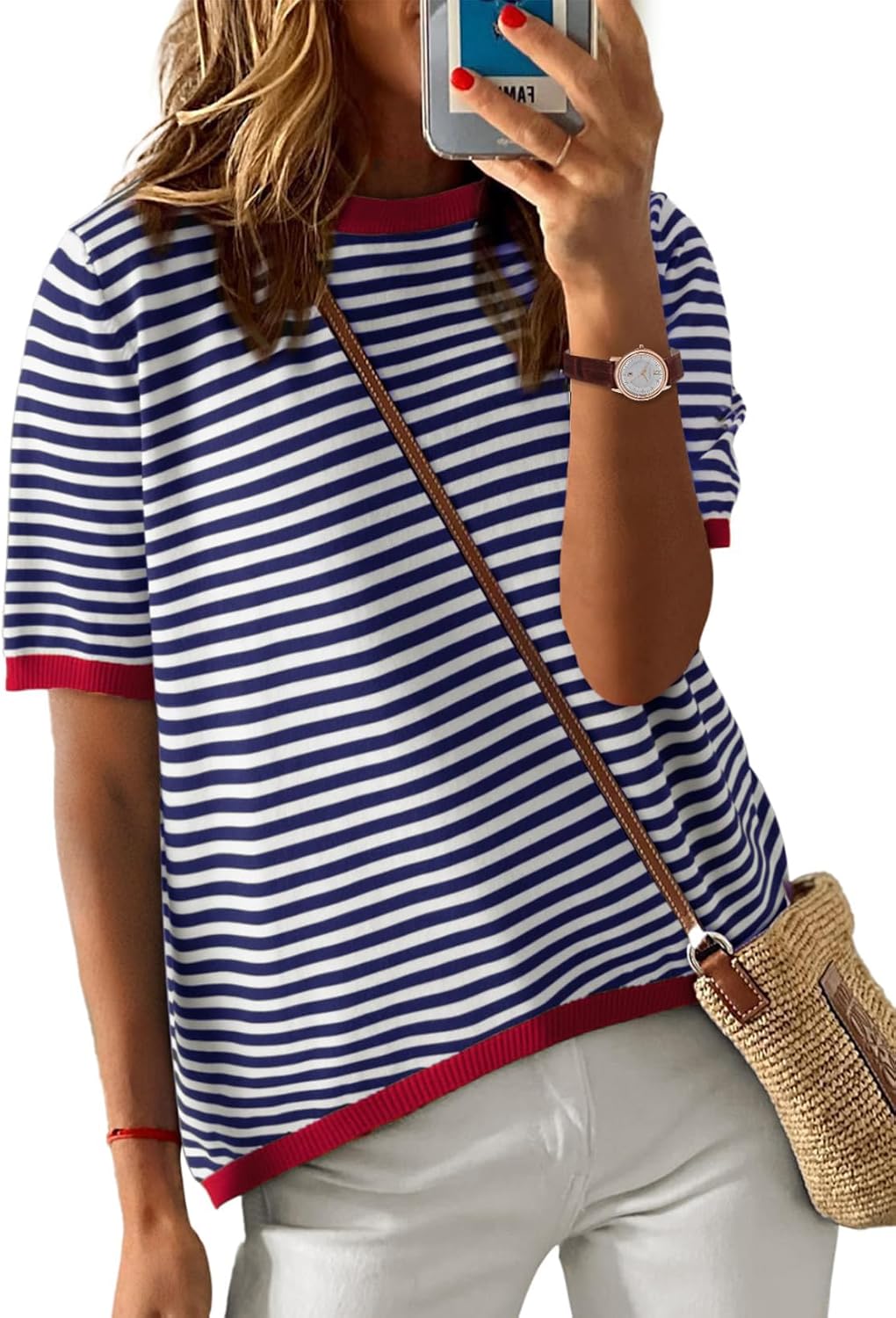 T-shirt Sofia Γυναικείο Καλοκαίρι – Ριγέ άνετο τοπ με στρογγυλή λαιμόκοψη, κοντά μανίκια, ελαφρύ ύφασμα