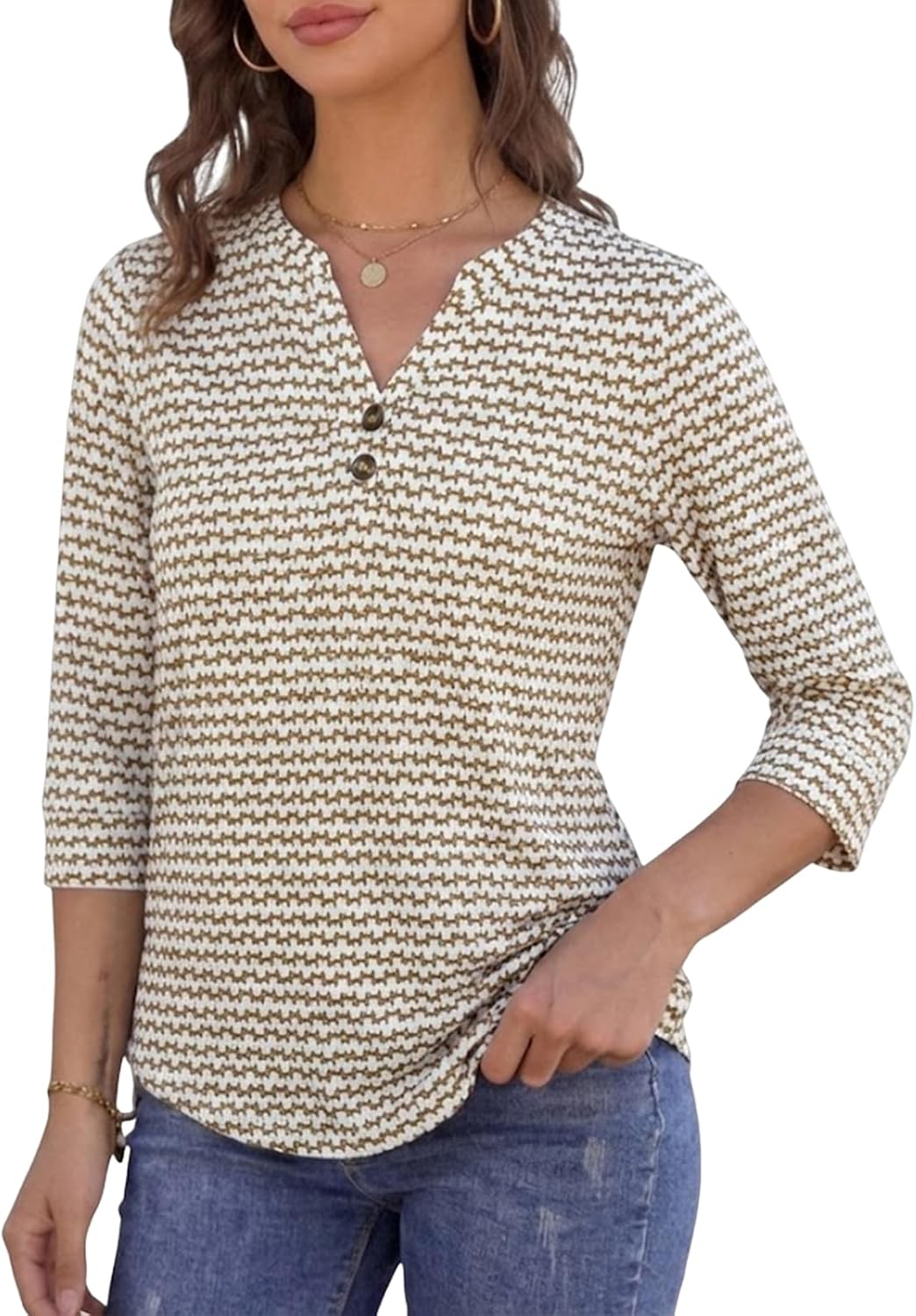 Dámská halenka Blessy s výstřihem do V – 3/4 rukávy Henley, volný bohémský elegantní letní střih