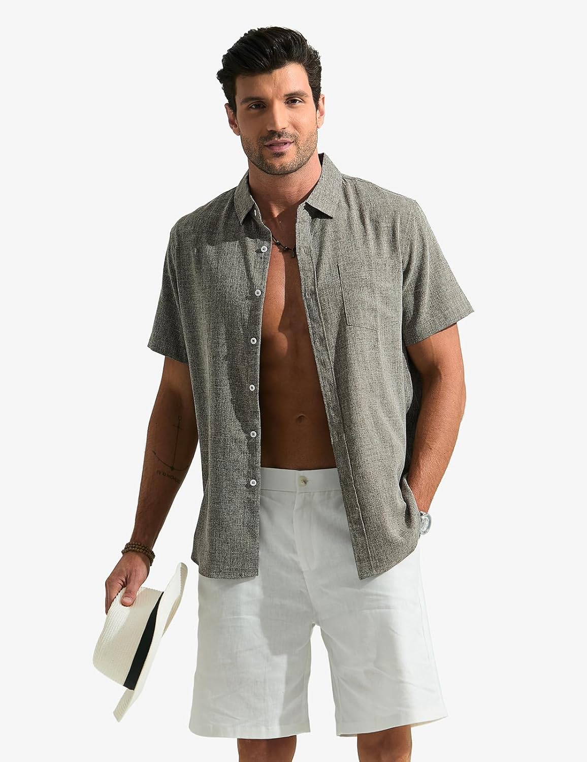 Eulo Camisa Homem – Camisa de Linho de Verão Respirável, Mangas Curtas e Bolso