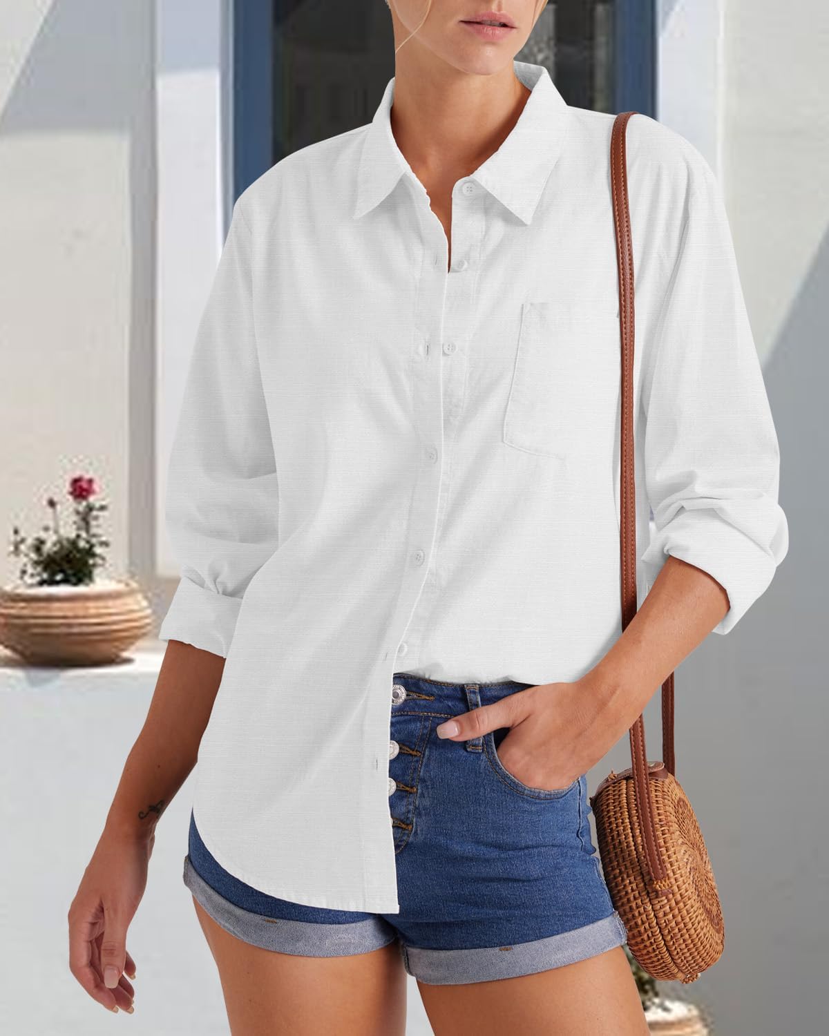 Laura Chemisier Femme Coton – Col V, Manches Longues, Coupe Ample Boutonnée Été