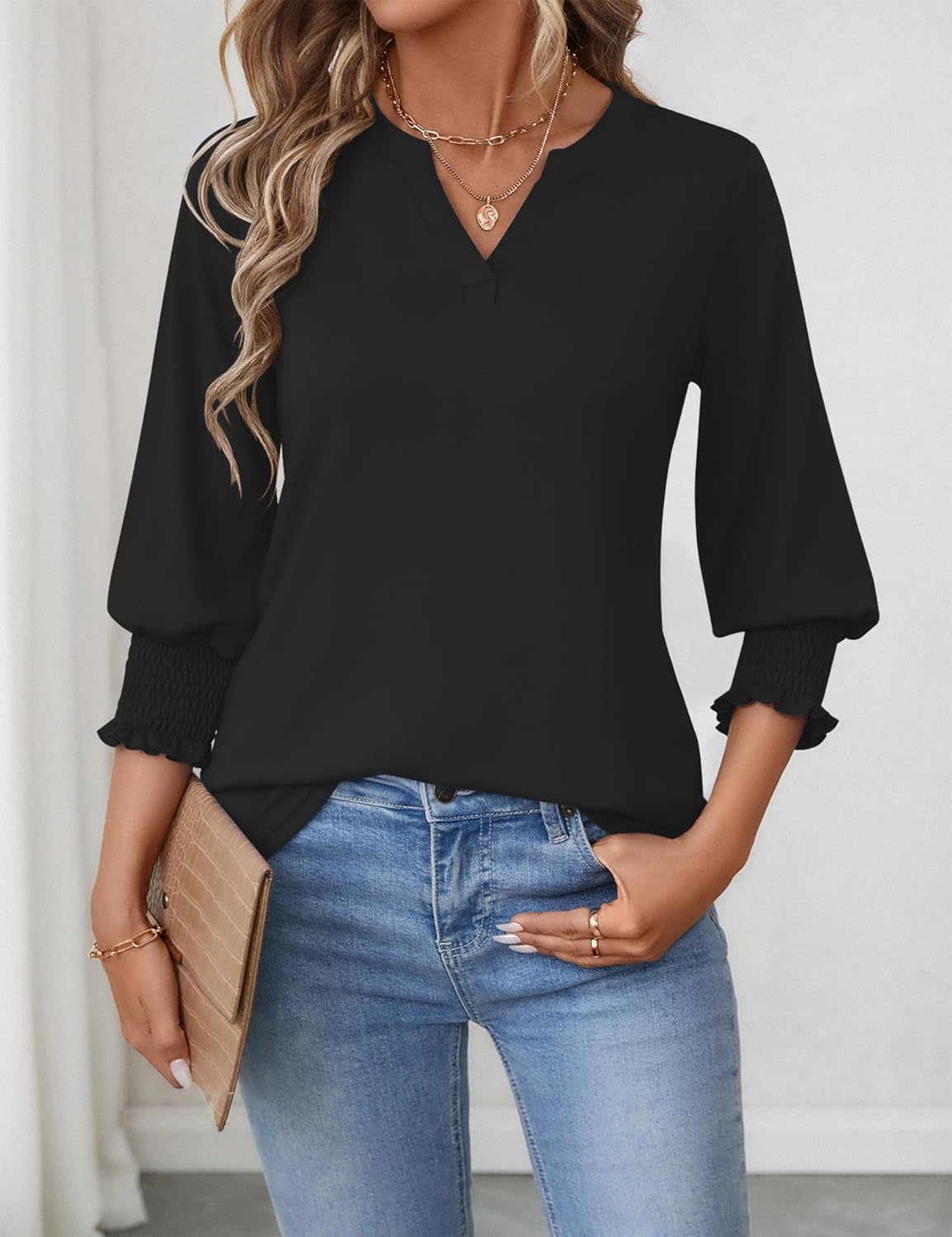 Beatriz Damen Bluse V-Ausschnitt – 3/4-Ärmel mit Volants, Weite Elegante Passform Sommer