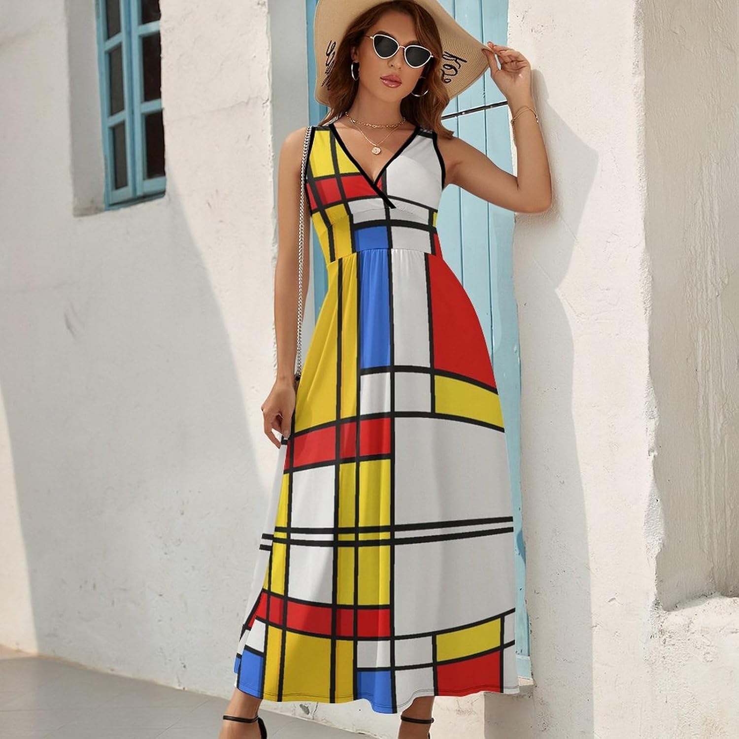Lena Robe Femme – Robe Maxi Col V Sans Manches Taille Haute Motif Moderne Été
