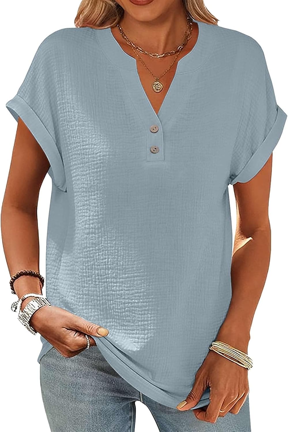 Blusa Camille para mujer en algodón y lino – Top con cuello en V y botones vintage