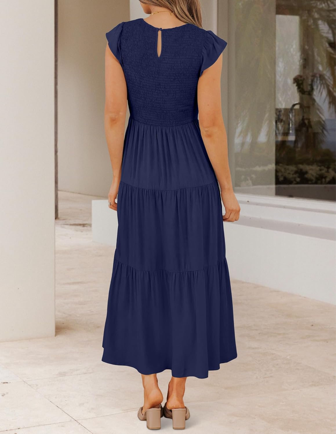 Vestido Midi Élise para Mujer – Vestido de Verano con Cintura Fruncida y Mangas Volantes Elegante y Fluido
