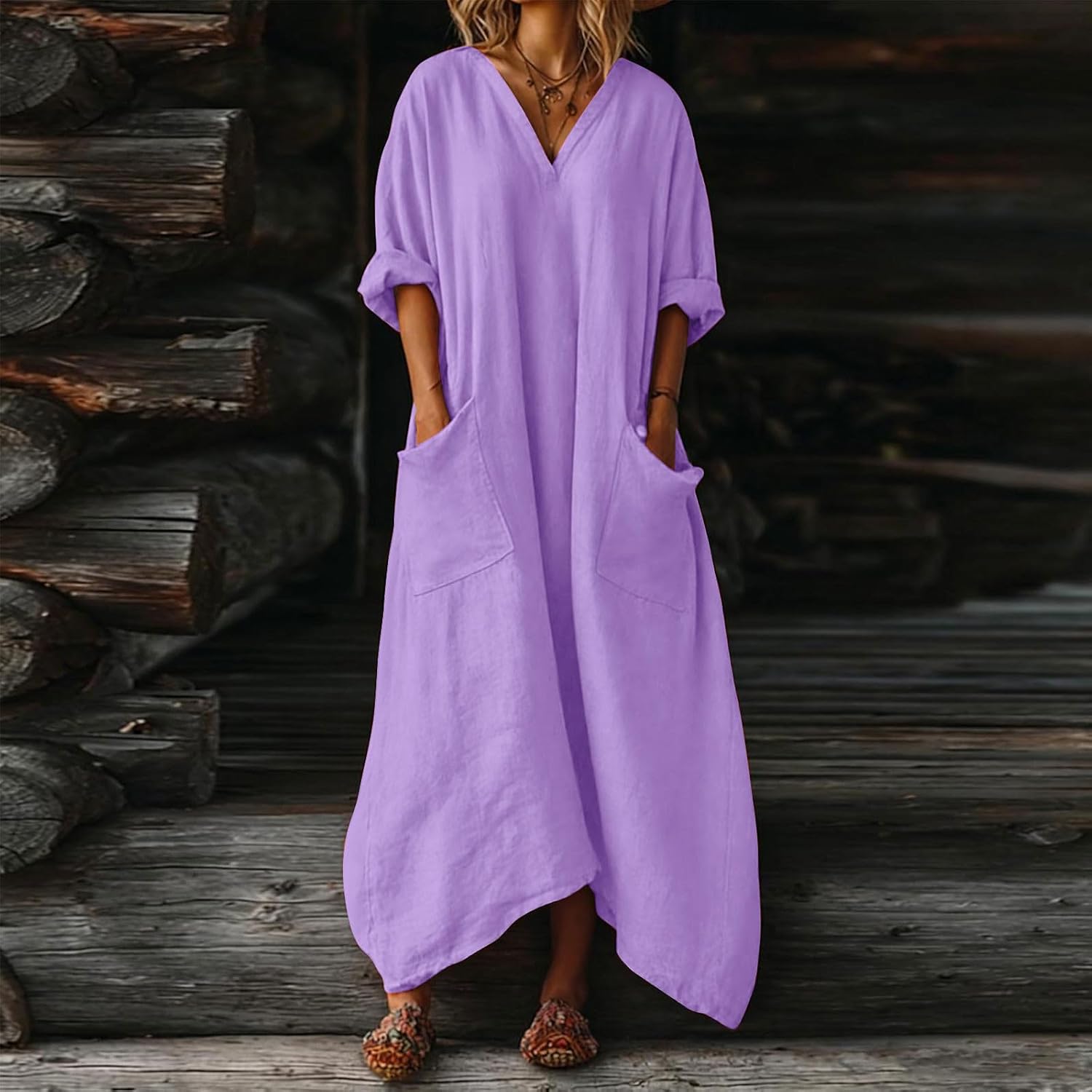 Mila Kleid Damen – Maxikleid Leinen V-Ausschnitt 3/4-Arm A-Linien-Schnitt Oversize Sommer