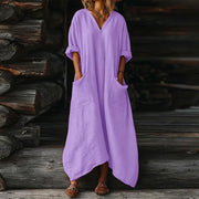 Mila Kleid Damen – Maxikleid Leinen V-Ausschnitt 3/4-Arm A-Linien-Schnitt Oversize Sommer