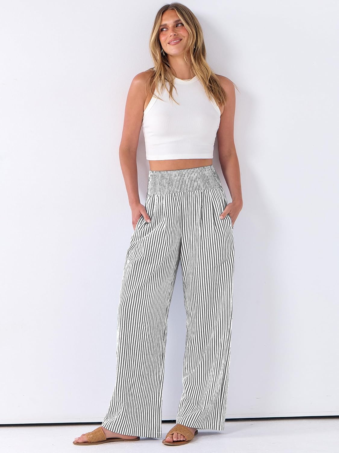 Léah Pantalon Damă – Pantalon Palazzo Dungi Talie Înaltă & Buzunare Vară