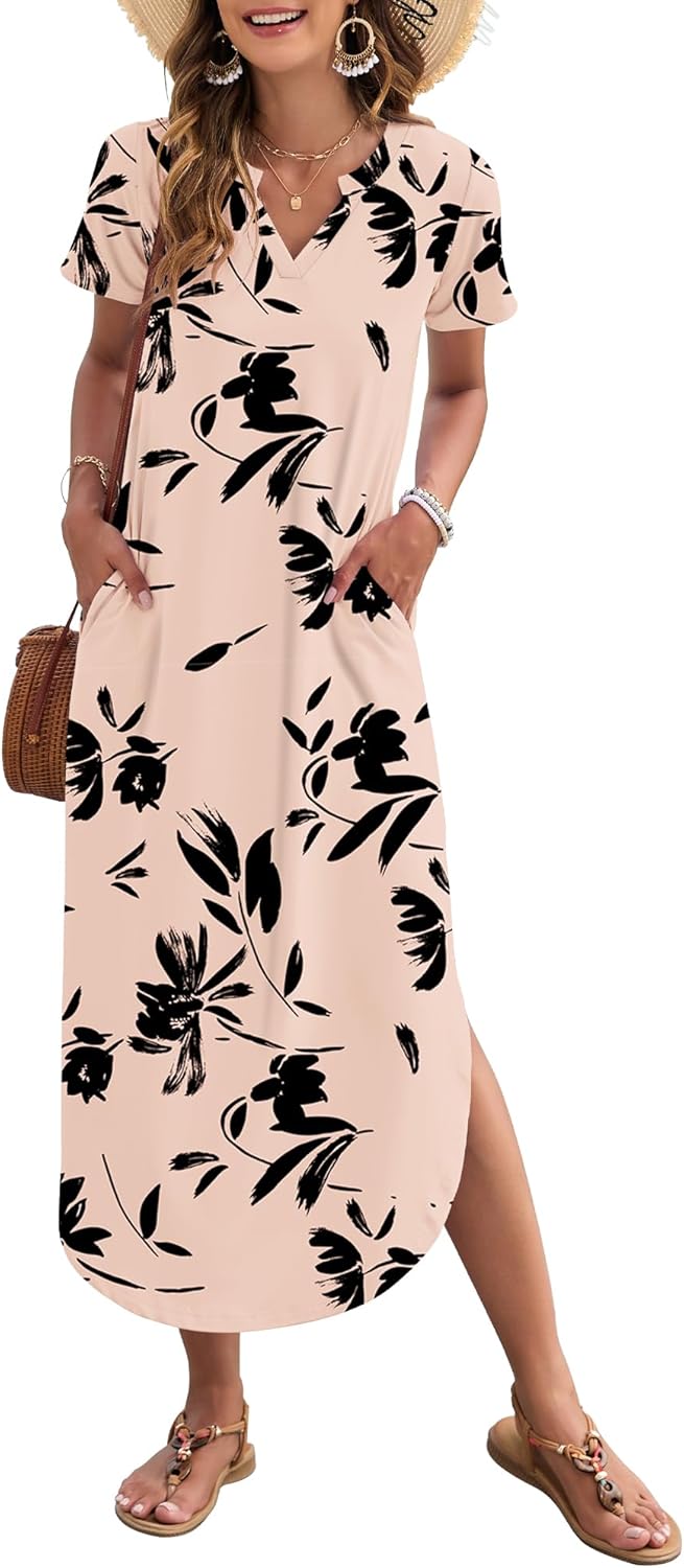 Laura Maxi Dress for Women Summer – Long V-Neck Dress with Slit, Short Sleeves & Comfortable Pockets