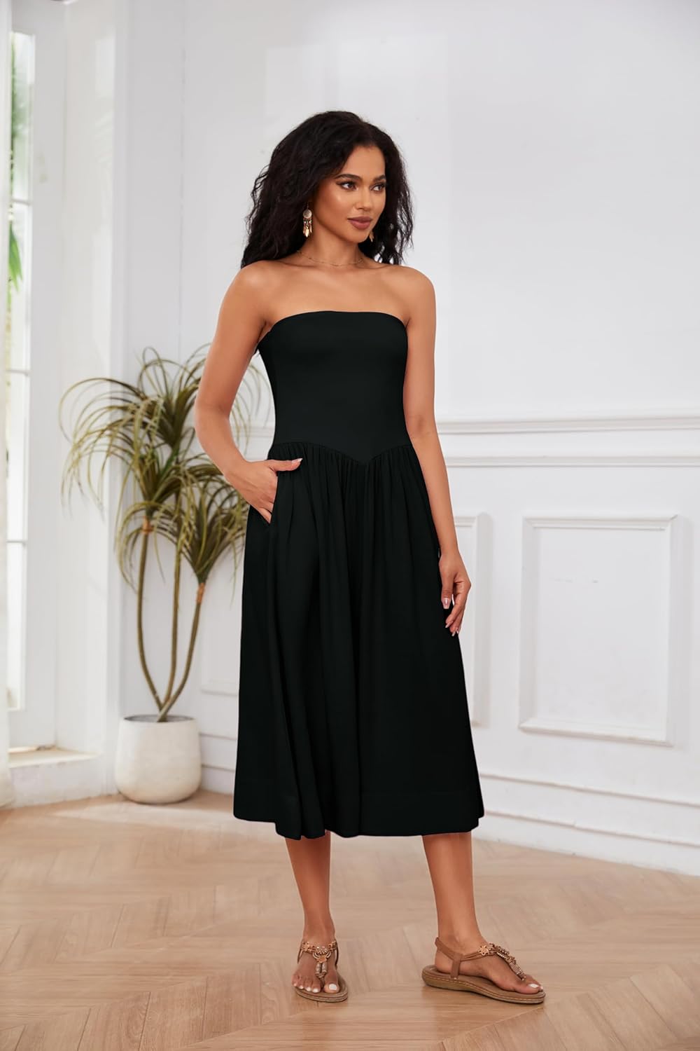 Lina Midi Dress for Women – Sleeveless Strapless Dress with Low Waist A-Line Chic Summer