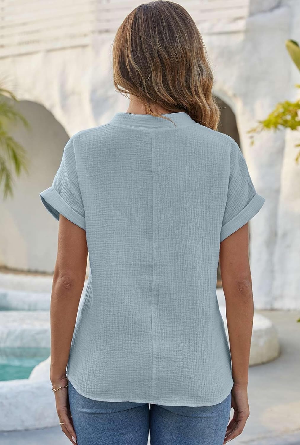 Blusa Camille para mujer en algodón y lino – Top con cuello en V y botones vintage