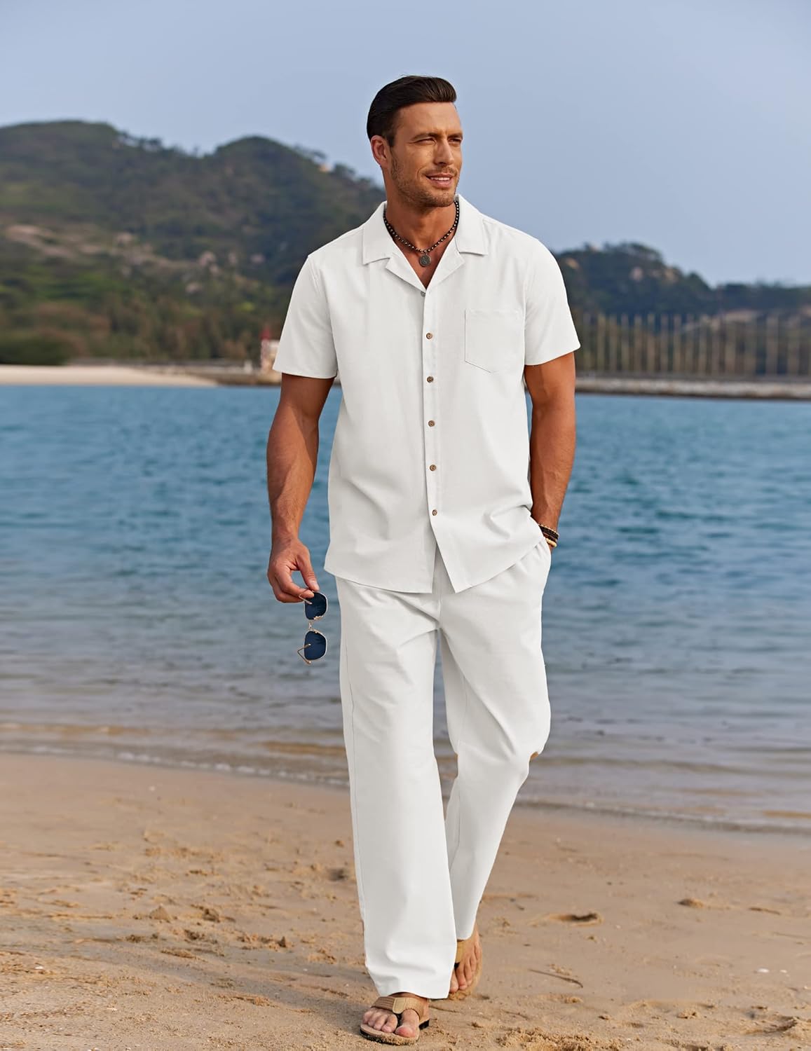 Conjunto Oliver Homem Verão – Camisa de Linho com Gola Cubana & Calças Casuais