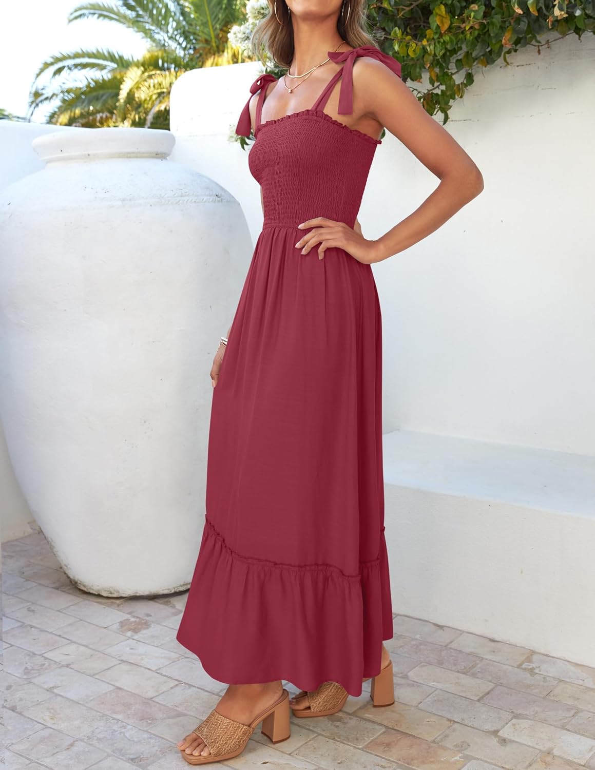 Léa Maxikleid Boho Damen – Elegantes langes Sommerkleid mit quadratischem Ausschnitt, Trägern und Volants