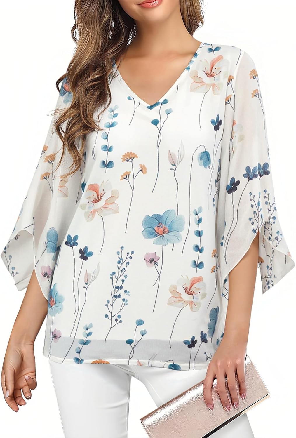 Sofia Bluse til Kvinder – Let Bluse med Blomstret Print, 3/4-Ærmer og V-Hals