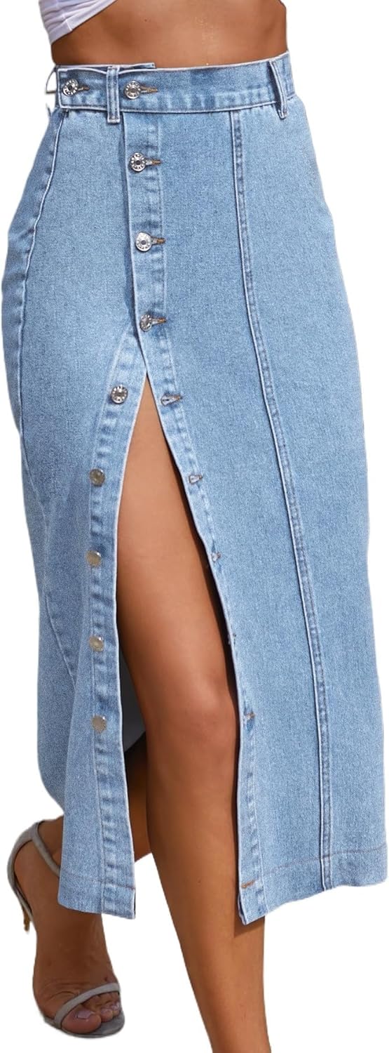 Caramia Jupe Denim Naisille – Midi-hame Korkeavyötäröinen, Napitettu ja Halkiollinen