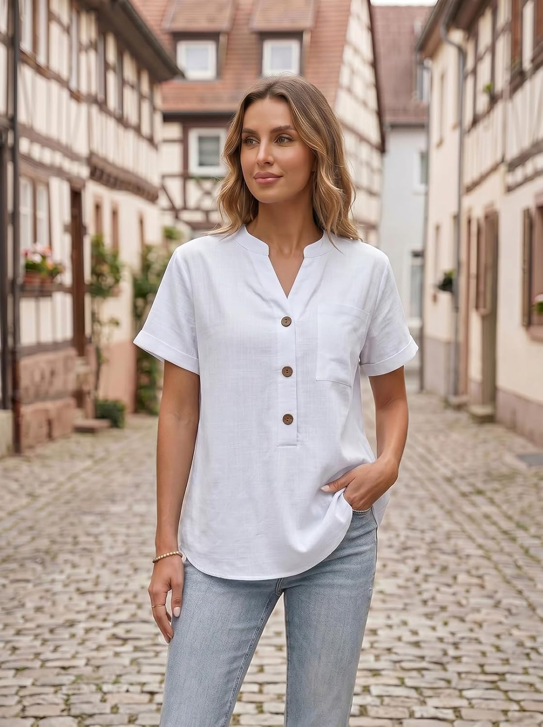 Bluzka Sophie damska bawełniana – elegancki top z dekoltem w serek Henley, krótkie rękawy, lato