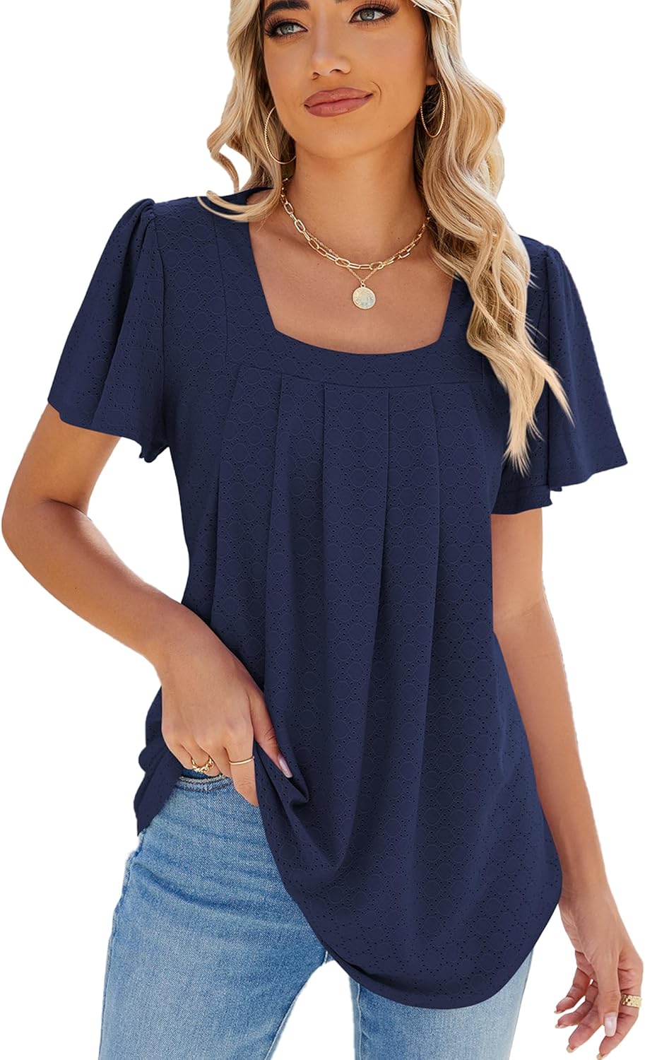 Juliette Women's Top – Square Neck Blouse with Openwork and Ruffled Sleeves