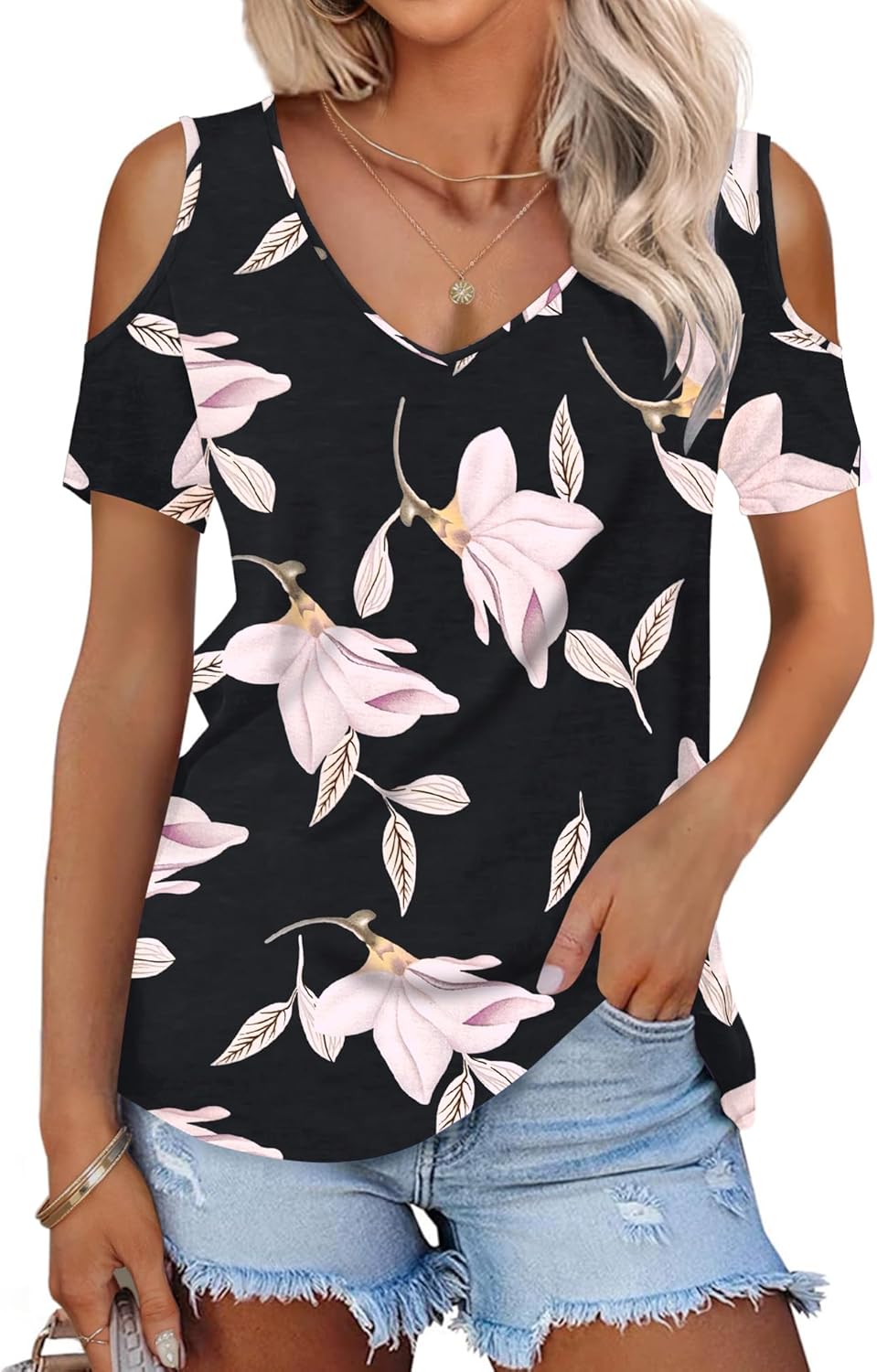Lina Top damski z odkrytymi ramionami – letni T-shirt z dekoltem w serek, luźny krój, stylowy