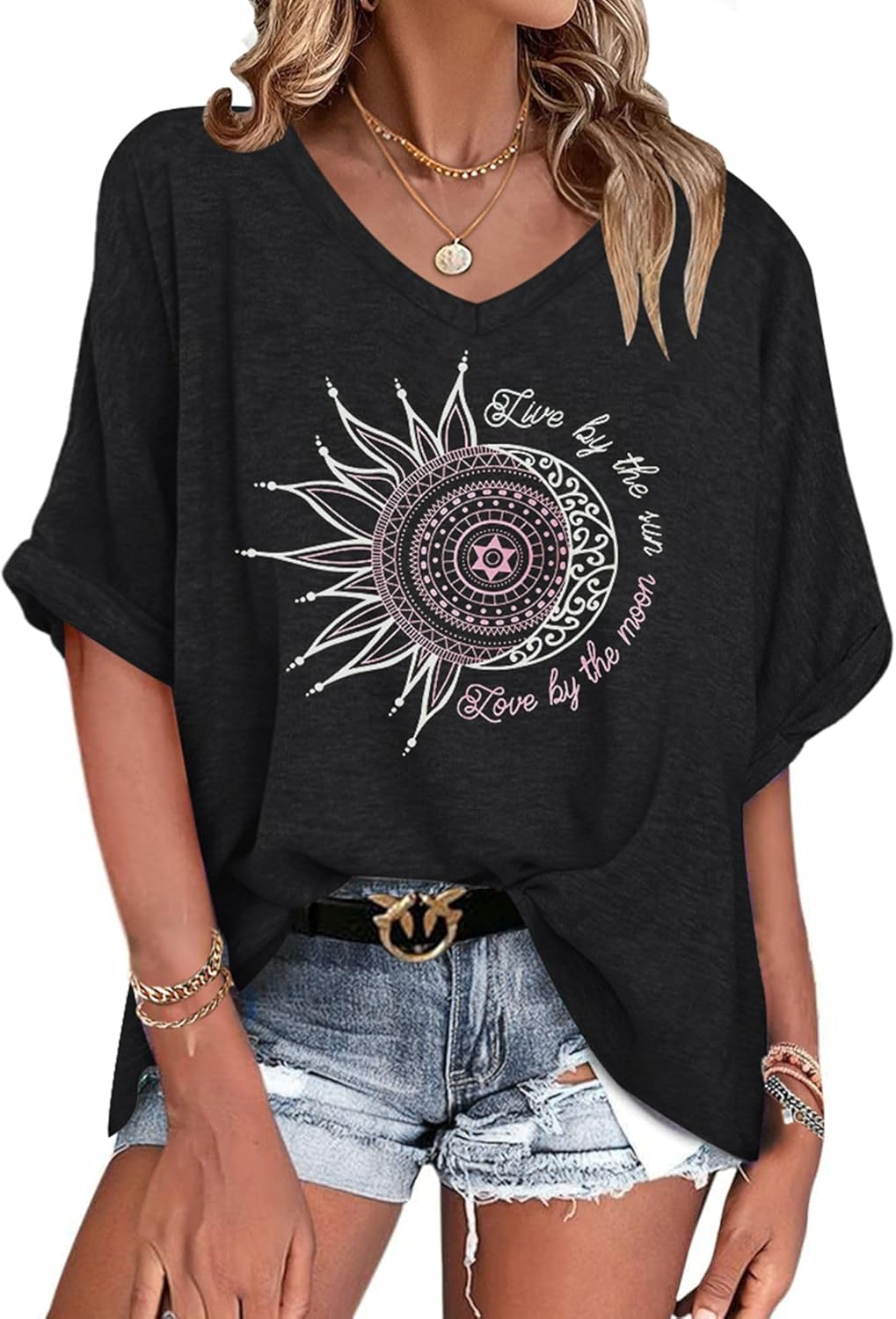 Emma Oversized Dames T-shirt – Top met V-hals, Korte Mouwen, Lichtgewicht, Chic Zomer