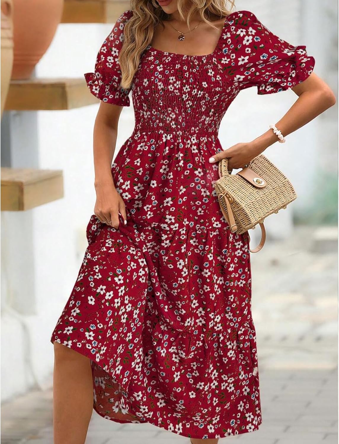 Angeli Robe Femme Fleurie – Manches Bouffantes, Taille Nouée, Coupe Mini Été Chic