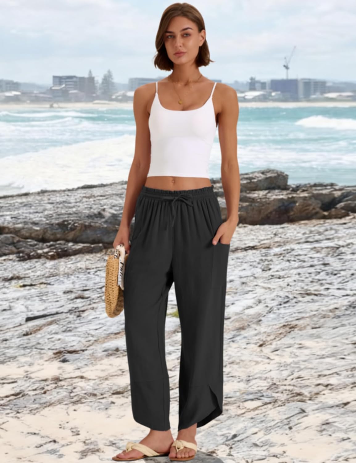 Jade Pantaloni Donna – Capri Palazzo Lino Bohemien Ampio Vita Elastica & Tasche