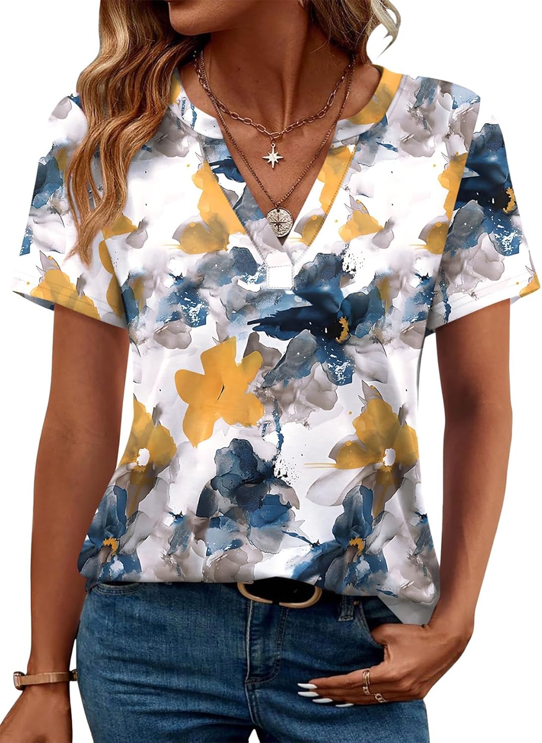 Roberta T-shirt dames V-hals – top met korte mouwen, lichte vloeiende pasvorm casual zomer