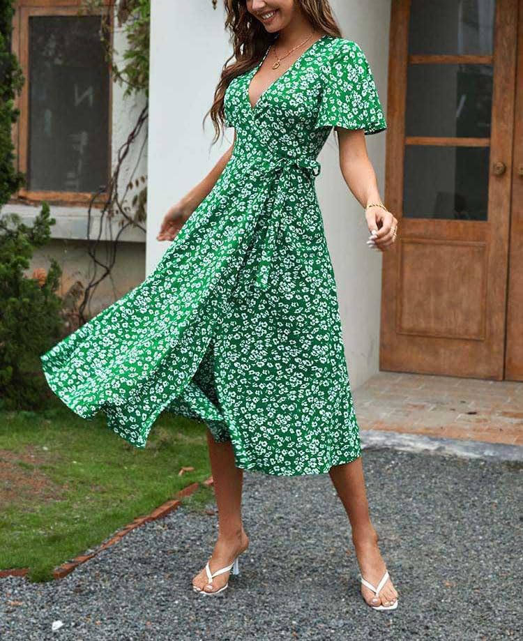 Vestito Midi Emma Donna – Vestito Floreale Scollo a V Incrociato Vita Alta Estate