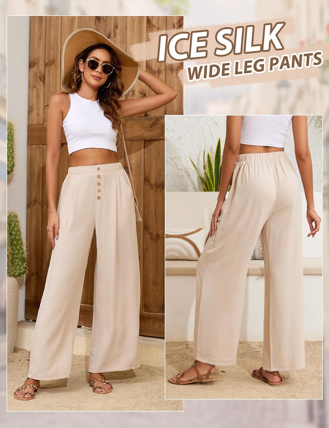 Élodie Pantalon Palazzo Femme – Pantalon Large Taille Haute Fluide avec Poches