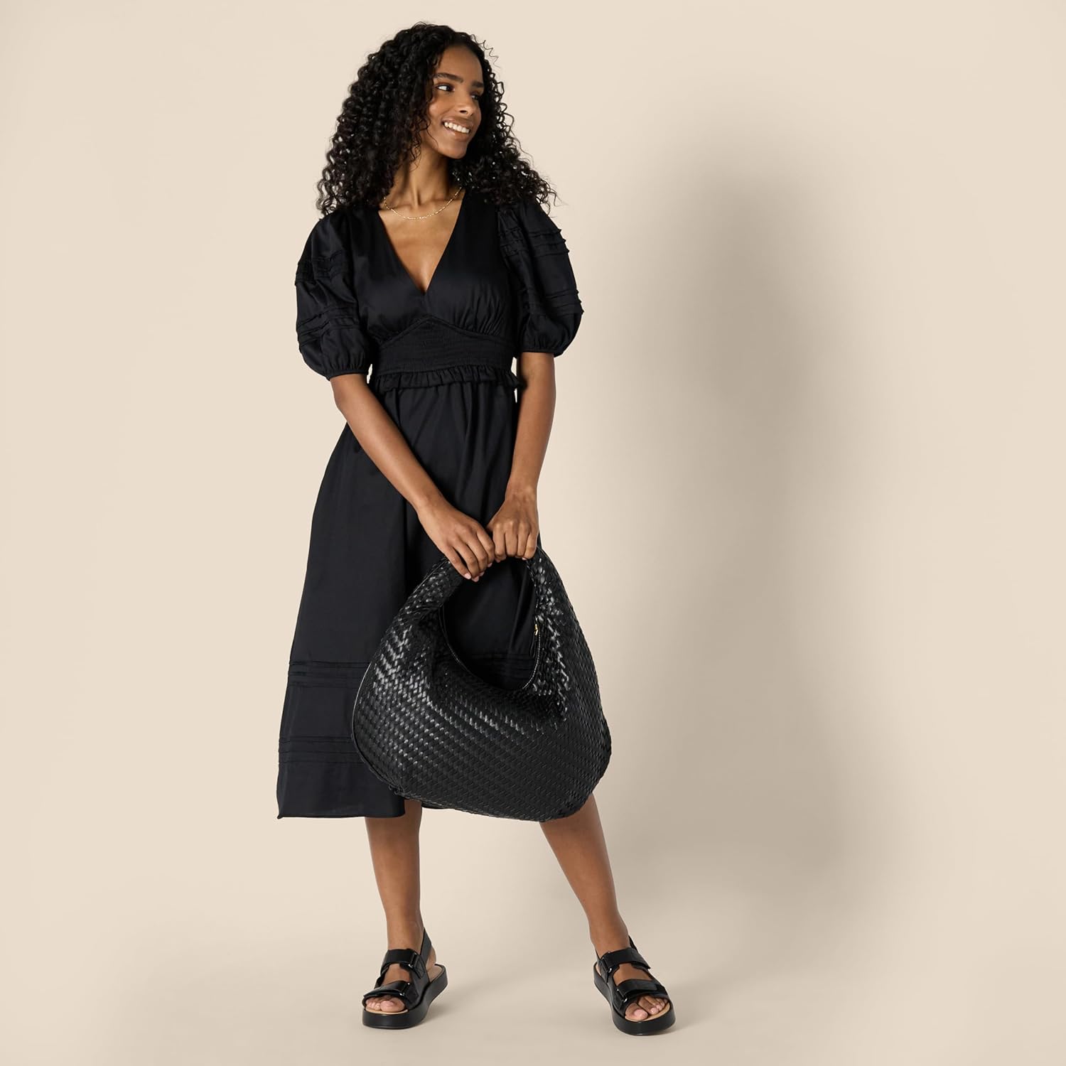 Sophie Midi Jurk Dames – Satijnen Katoenen Jurk Met V-Hals Pofmouwen Elegant