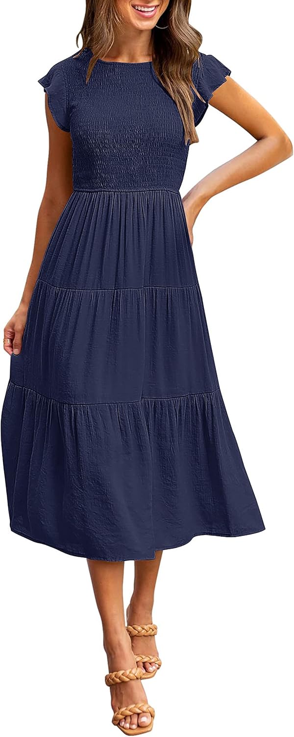 Louise Midi Dress for Women – Summer Smocked Dress with Flounced Sleeves, Elegant A-Line Cut