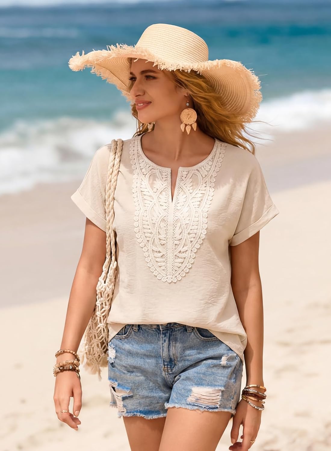 Blusa Aelina para mujer – Top bohemio con escote en V, encaje y corte suelto elegante